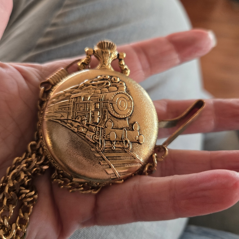 Vintage Gold Pocket Watch with Train Design